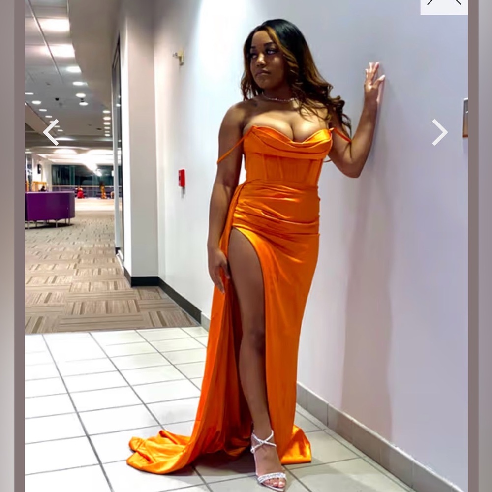 Elayna Orange Strappy Satin Corset High Slit Gown - Picture 10 of 10